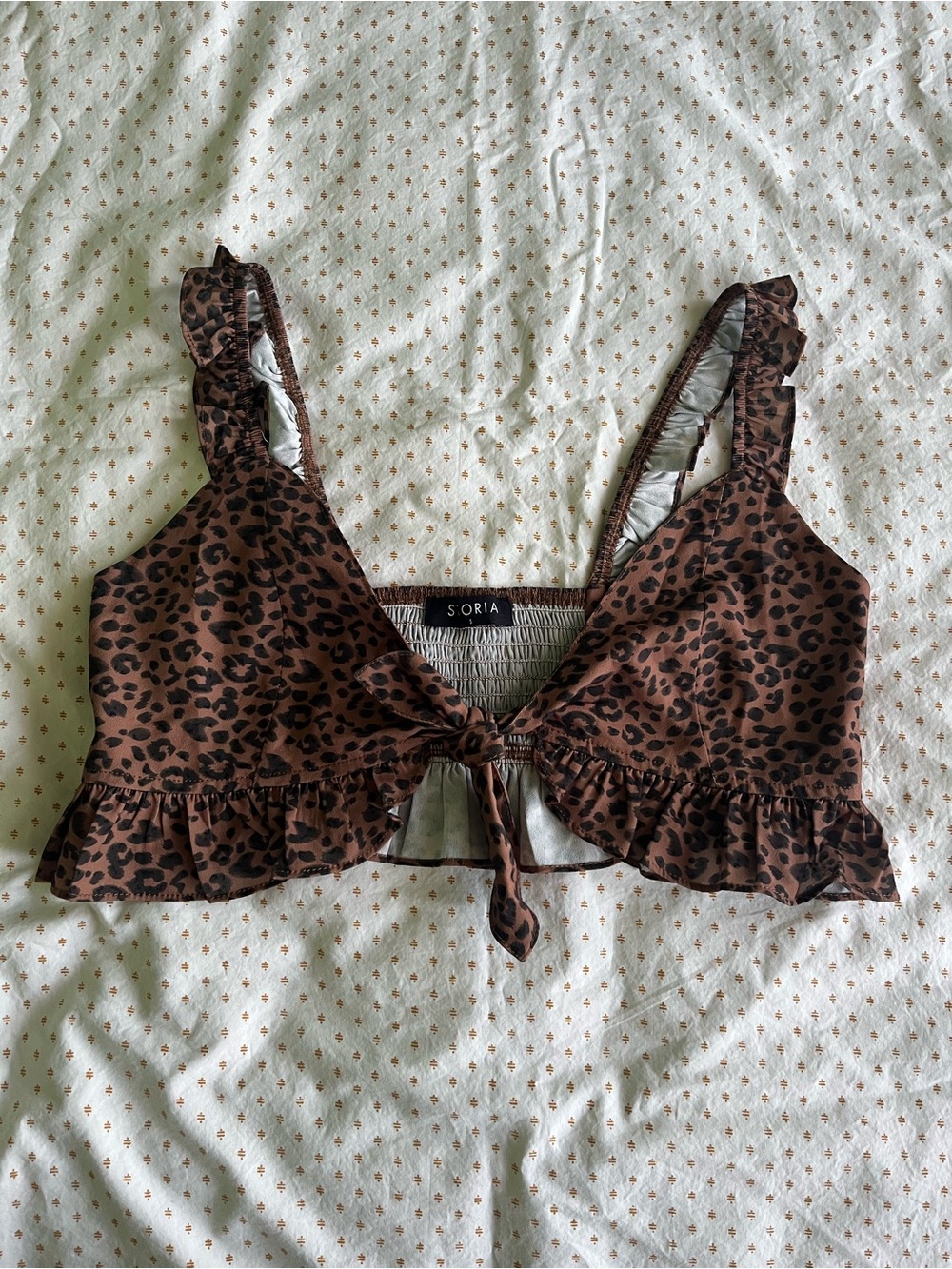 Storia Animal Print Tie Front Bralette Sleeveless Crop Top with Ruffle Straps, S